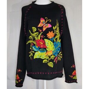 Vtg In the Dream Garden Butterfly Floral Sequin Sweater‎ Pullover Women's L/XL